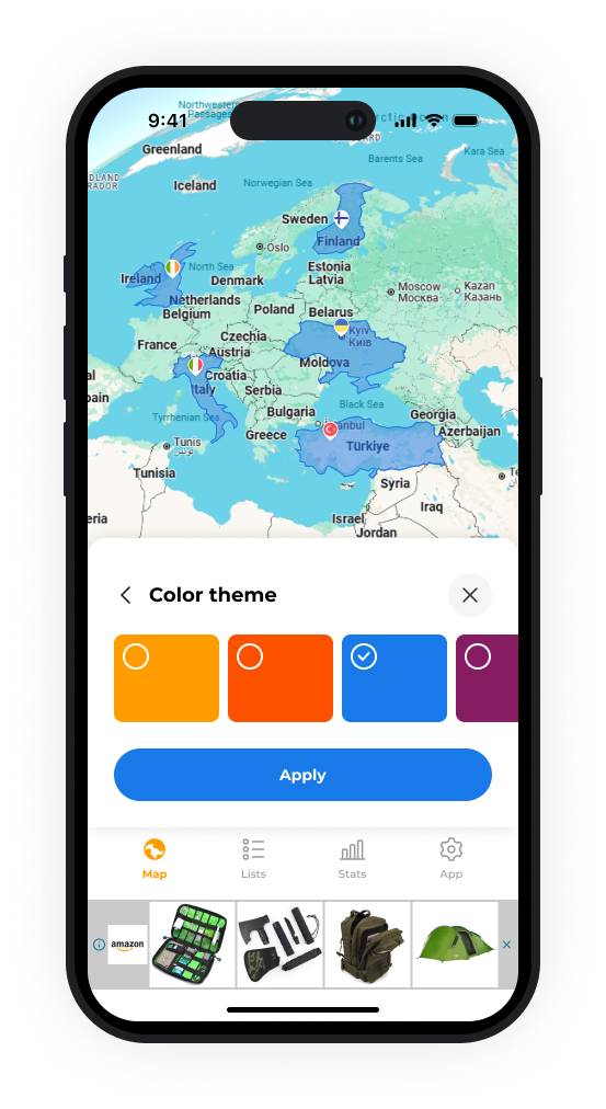 Trekr app theme customization for the travel map
